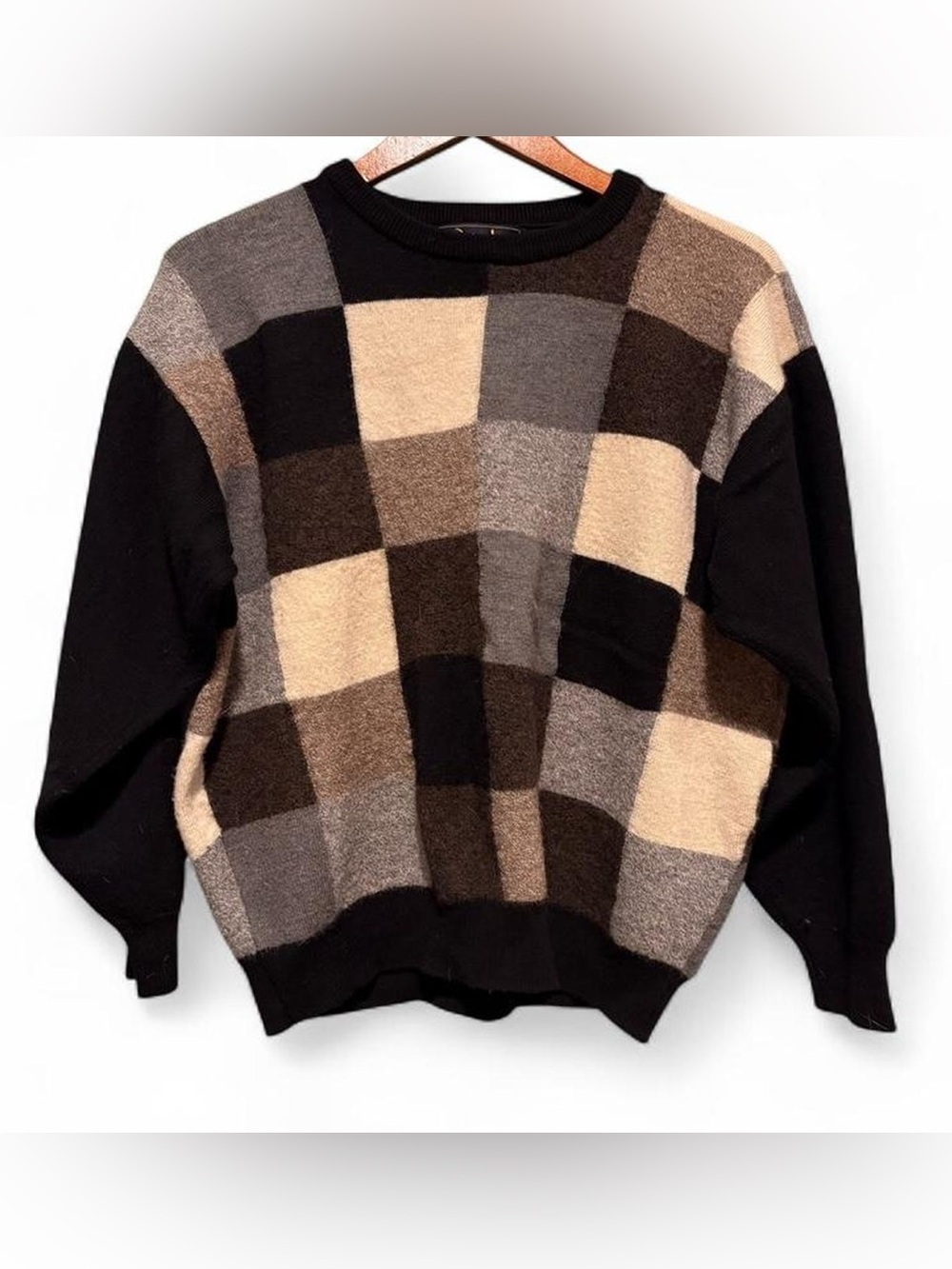 Pringle of Scotland Lambs Wool Checkered Square Print Sweater Sz XL Vtg Cottage